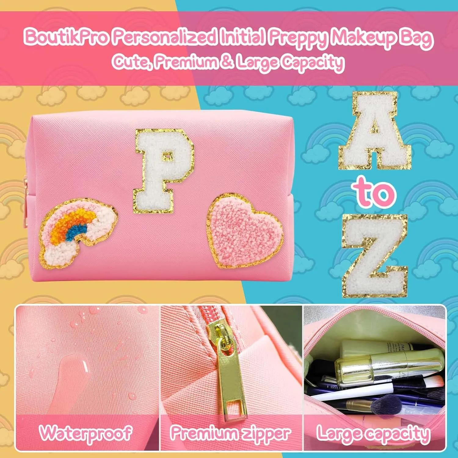 Personalized Inital Preppy Makeup Bag Set with Zipper, Monogram Waterproof Travel Cosmetic Bag for Women, Cute Preppy Patch Toiletry Bag for Traveling Outdoors, Gift Ideal for Christmas Thanksgiving
