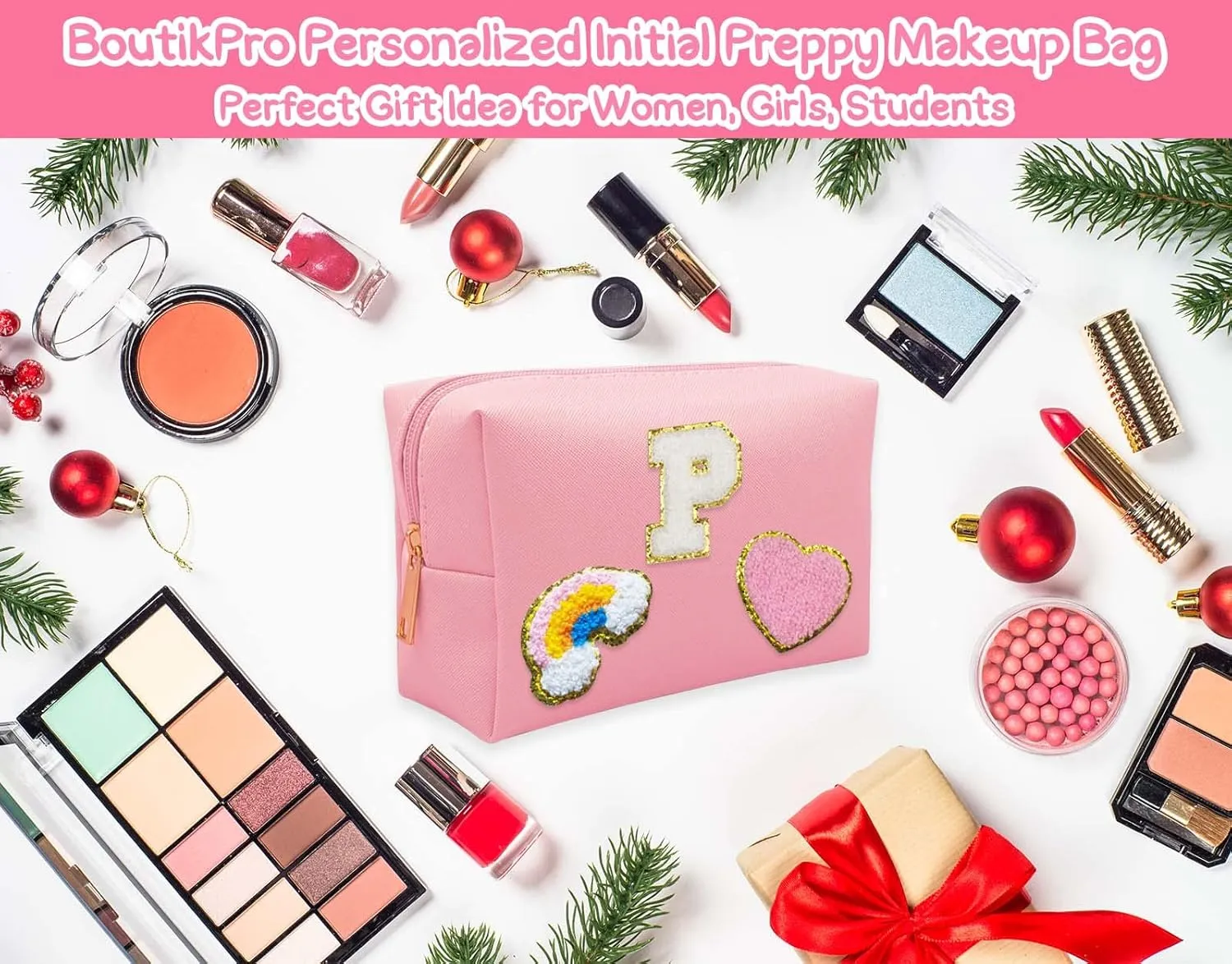 Personalized Inital Preppy Makeup Bag Set with Zipper, Monogram Waterproof Travel Cosmetic Bag for Women, Cute Preppy Patch Toiletry Bag for Traveling Outdoors, Gift Ideal for Christmas Thanksgiving