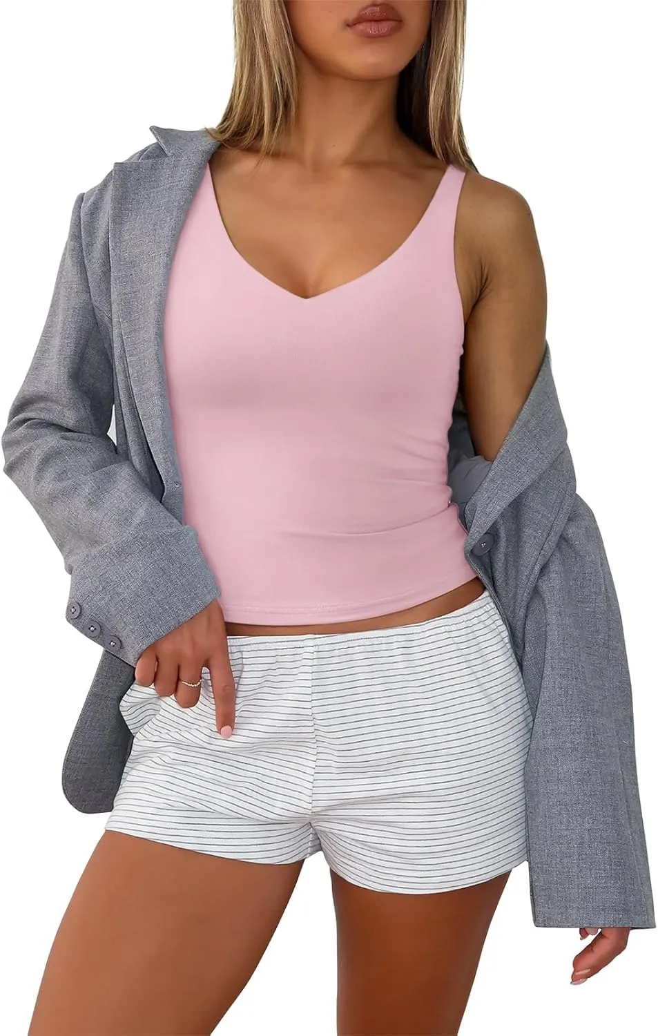 PINKMSTYLE Womens Sexy V Neck Cami Top Sleeveless Double Lined Tank Tops Going Out Y2K Spaghetti Strap Crop Tops 2025