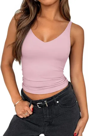 PINKMSTYLE Womens Sexy V Neck Cami Top Sleeveless Double Lined Tank Tops Going Out Y2K Spaghetti Strap Crop Tops 2025