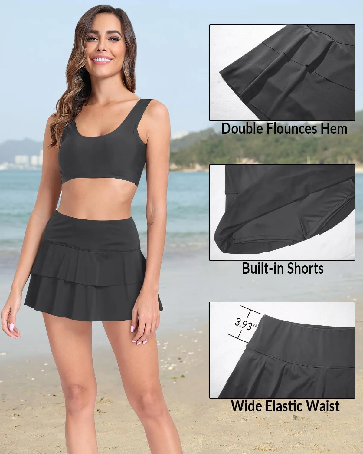 Pinup Fashion High Waisted Swim Skirt - Women Ruched Ruffle Bathing Suit Bottom Skorts with Built-in Shorts