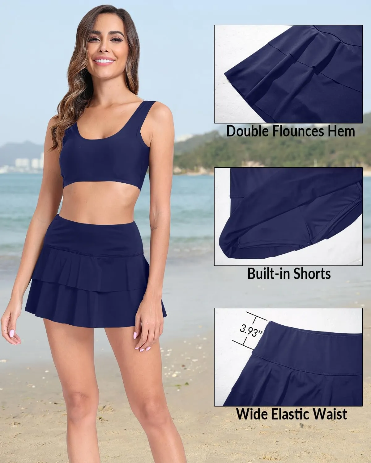 Pinup Fashion High Waisted Swim Skirt - Women Ruched Ruffle Bathing Suit Bottom Skorts with Built-in Shorts