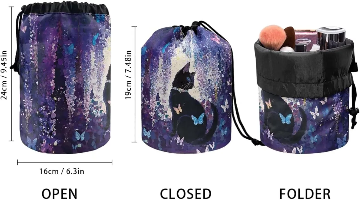 Poceacles Black Cat Butterfly Violet Floral Drawstring Makeup Bag Travel Cosmetic Bag Pouch, Multi-functional Toiletry Carrier Bucket Pouch Organizer Storage Pocket for Women