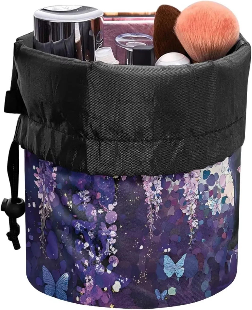 Poceacles Black Cat Butterfly Violet Floral Drawstring Makeup Bag Travel Cosmetic Bag Pouch, Multi-functional Toiletry Carrier Bucket Pouch Organizer Storage Pocket for Women