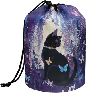 Poceacles Black Cat Butterfly Violet Floral Drawstring Makeup Bag Travel Cosmetic Bag Pouch, Multi-functional Toiletry Carrier Bucket Pouch Organizer Storage Pocket for Women