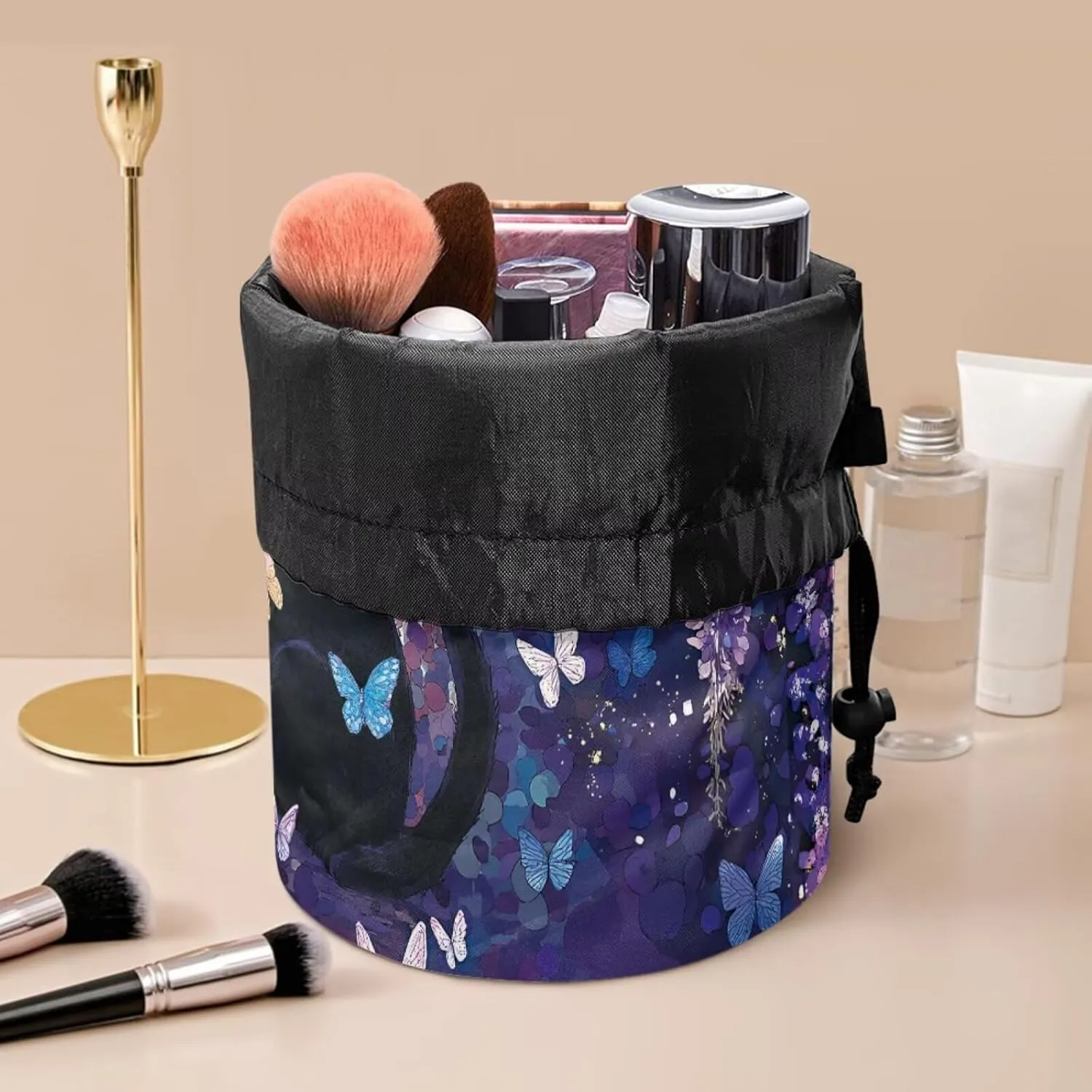 Poceacles Black Cat Butterfly Violet Floral Drawstring Makeup Bag Travel Cosmetic Bag Pouch, Multi-functional Toiletry Carrier Bucket Pouch Organizer Storage Pocket for Women