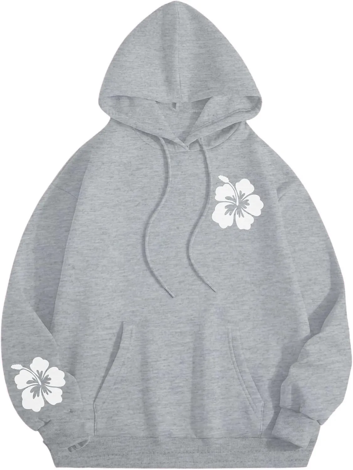 Preppy Hibiscus Print Hoodies for Teen Girls Oversized Graphic Pullover Hooded Sweatshirt with Kangaroo Pockets