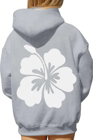 Preppy Hibiscus Print Hoodies for Teen Girls Oversized Graphic Pullover Hooded Sweatshirt with Kangaroo Pockets