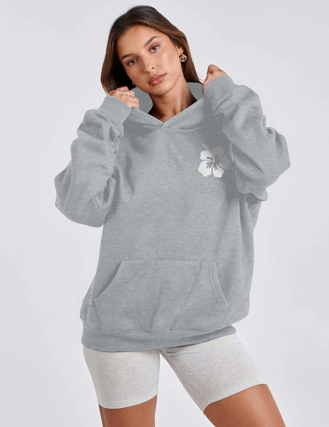 Preppy Hibiscus Print Hoodies for Teen Girls Oversized Graphic Pullover Hooded Sweatshirt with Kangaroo Pockets