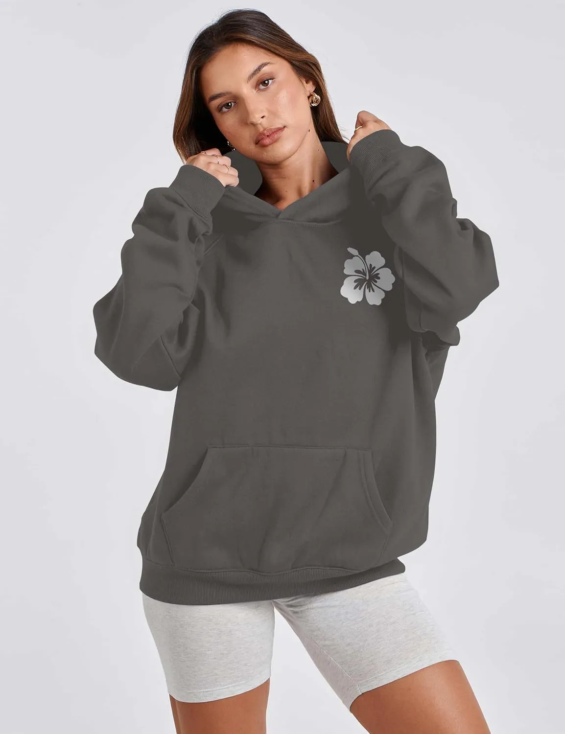 Preppy Hibiscus Print Hoodies for Teen Girls Oversized Graphic Pullover Hooded Sweatshirt with Kangaroo Pockets