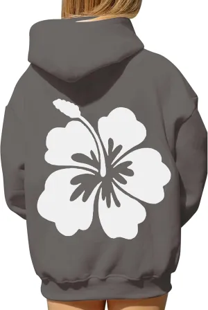 Preppy Hibiscus Print Hoodies for Teen Girls Oversized Graphic Pullover Hooded Sweatshirt with Kangaroo Pockets