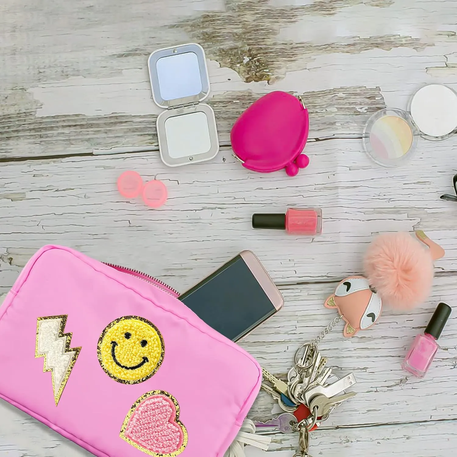 Preppy Patch Small Makeup Bag-Nylon Waterproof Portable Things Bag-Preppy Cosmetic Travel Toiletry Organizer Bag Daily Use Pouch for Girl with Smile Lightning Heart PatchesPink