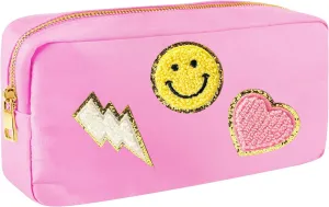 Preppy Patch Small Makeup Bag-Nylon Waterproof Portable Things Bag-Preppy Cosmetic Travel Toiletry Organizer Bag Daily Use Pouch for Girl with Smile Lightning Heart PatchesPink