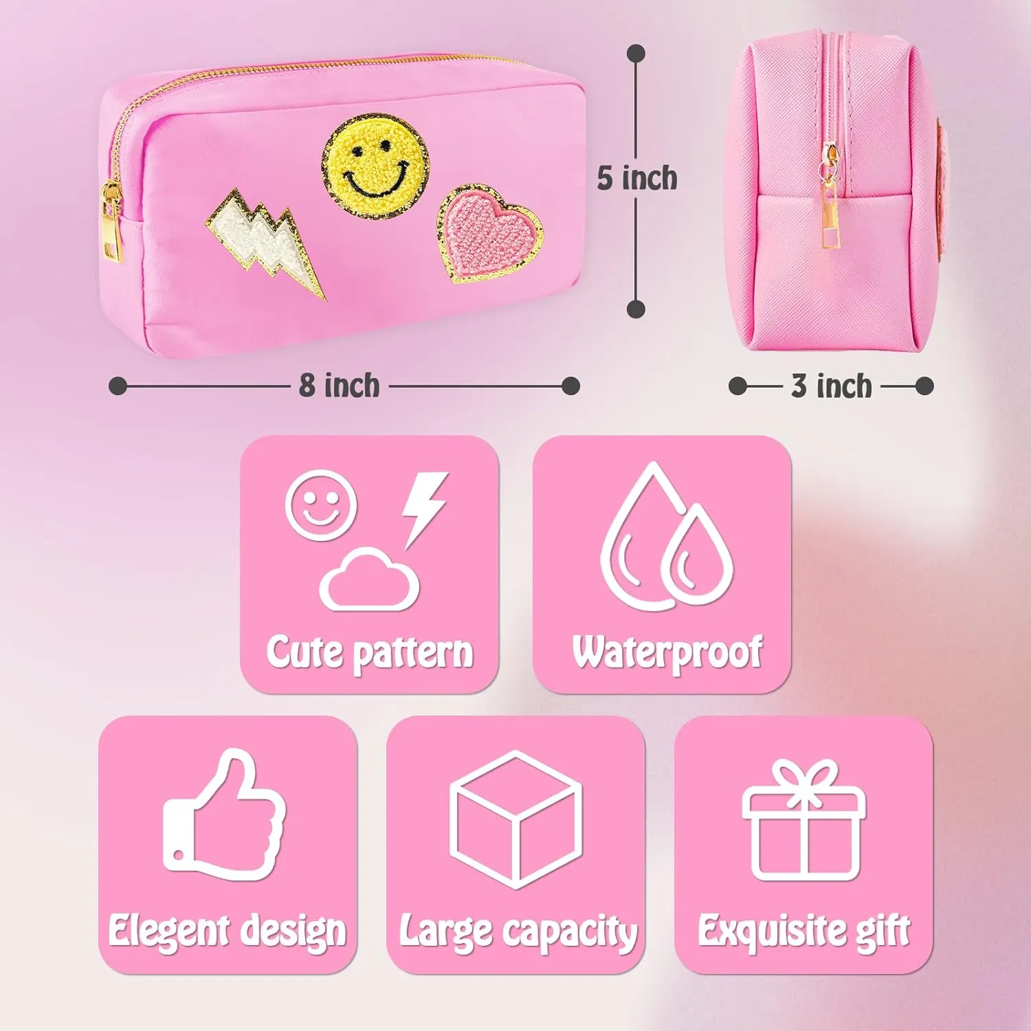 Preppy Patch Small Makeup Bag-Nylon Waterproof Portable Things Bag-Preppy Cosmetic Travel Toiletry Organizer Bag Daily Use Pouch for Girl with Smile Lightning Heart PatchesPink