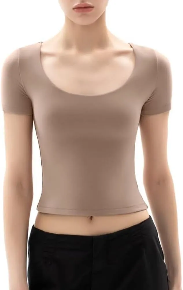 PUMIEY Women's Scoop Neck Short Sleeve T Shirt Slim Fit Sexy Tops Smoke Cloud Collection
