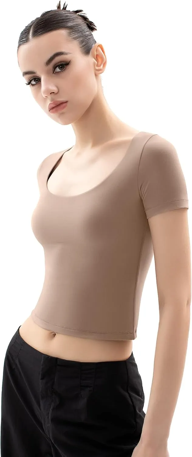 PUMIEY Women's Scoop Neck Short Sleeve T Shirt Slim Fit Sexy Tops Smoke Cloud Collection