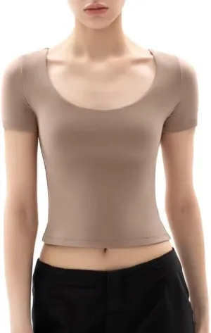 PUMIEY Women's Scoop Neck Short Sleeve T Shirt Slim Fit Sexy Tops Smoke Cloud Collection
