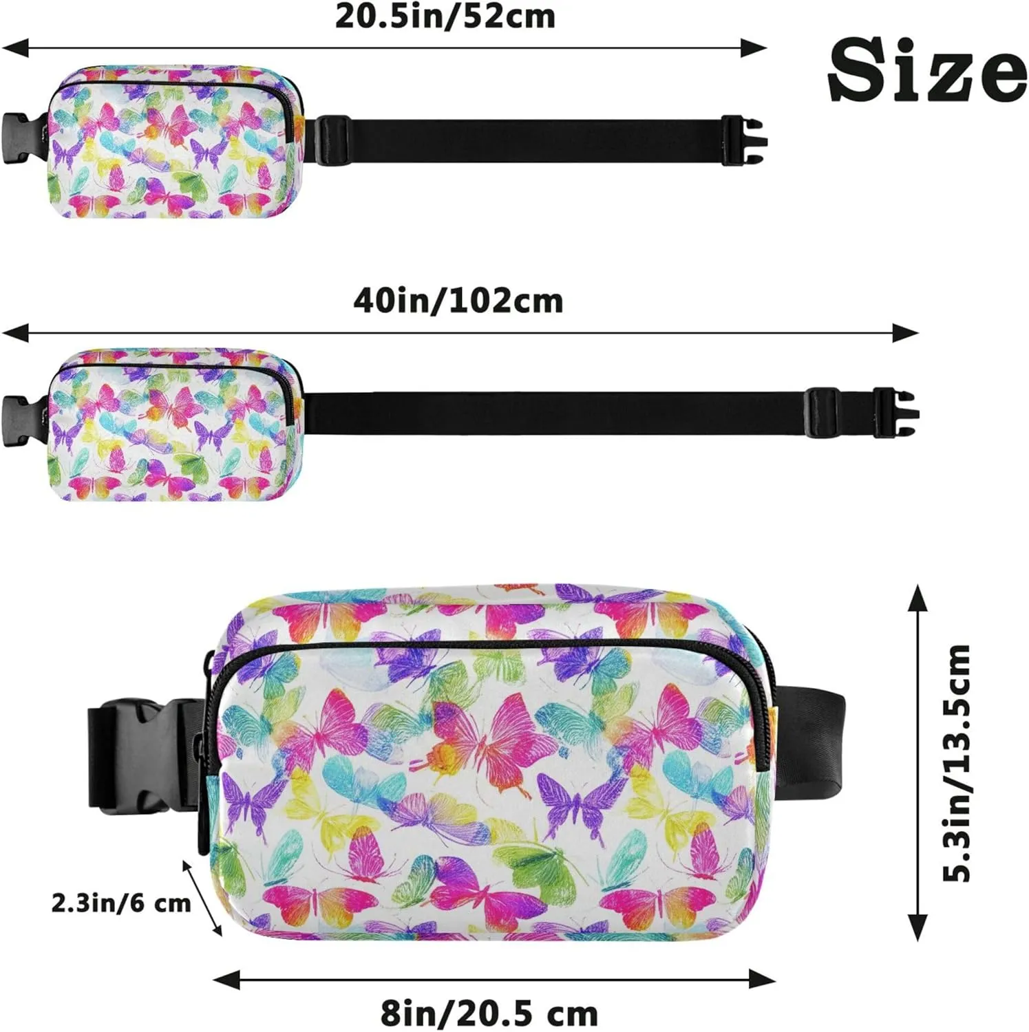 Rainbow Colorful Butterflies Waterproof Fanny Packs Women Hip Pouch Belt Bag Fashion Travel Waist Bag
