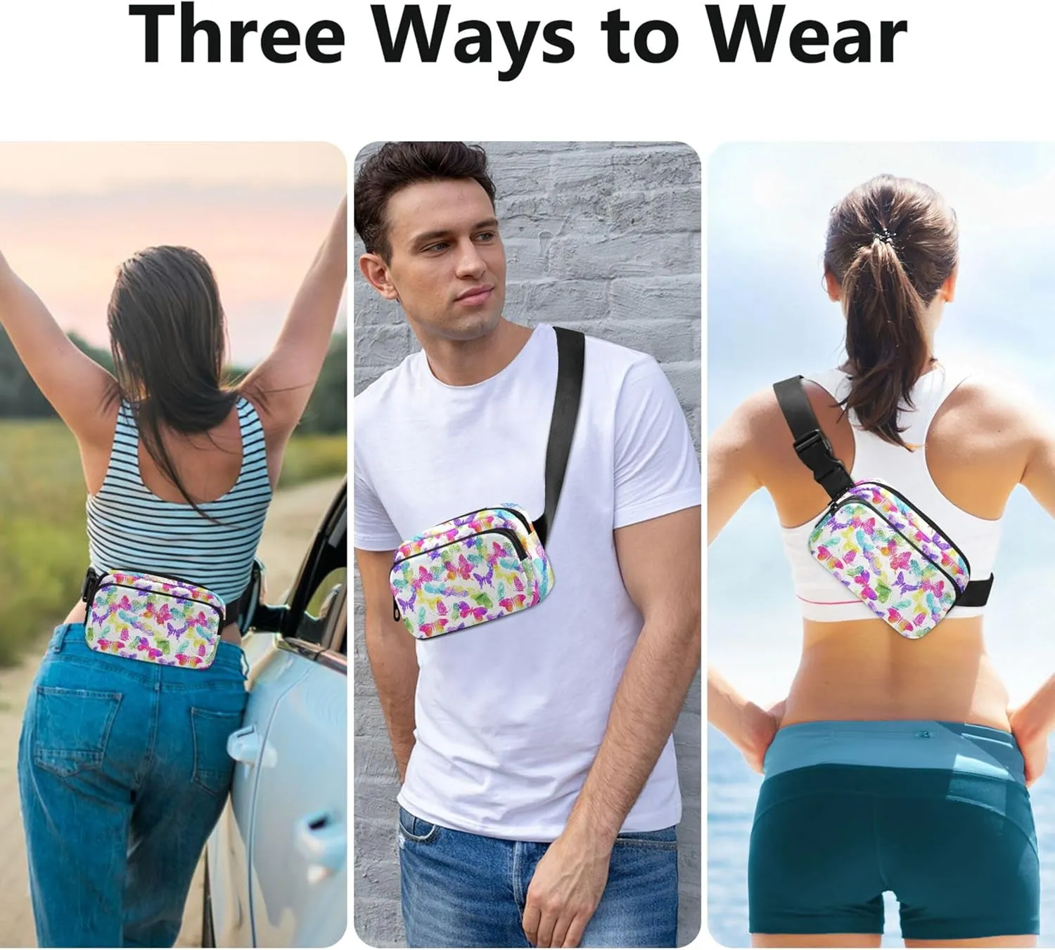 Rainbow Colorful Butterflies Waterproof Fanny Packs Women Hip Pouch Belt Bag Fashion Travel Waist Bag