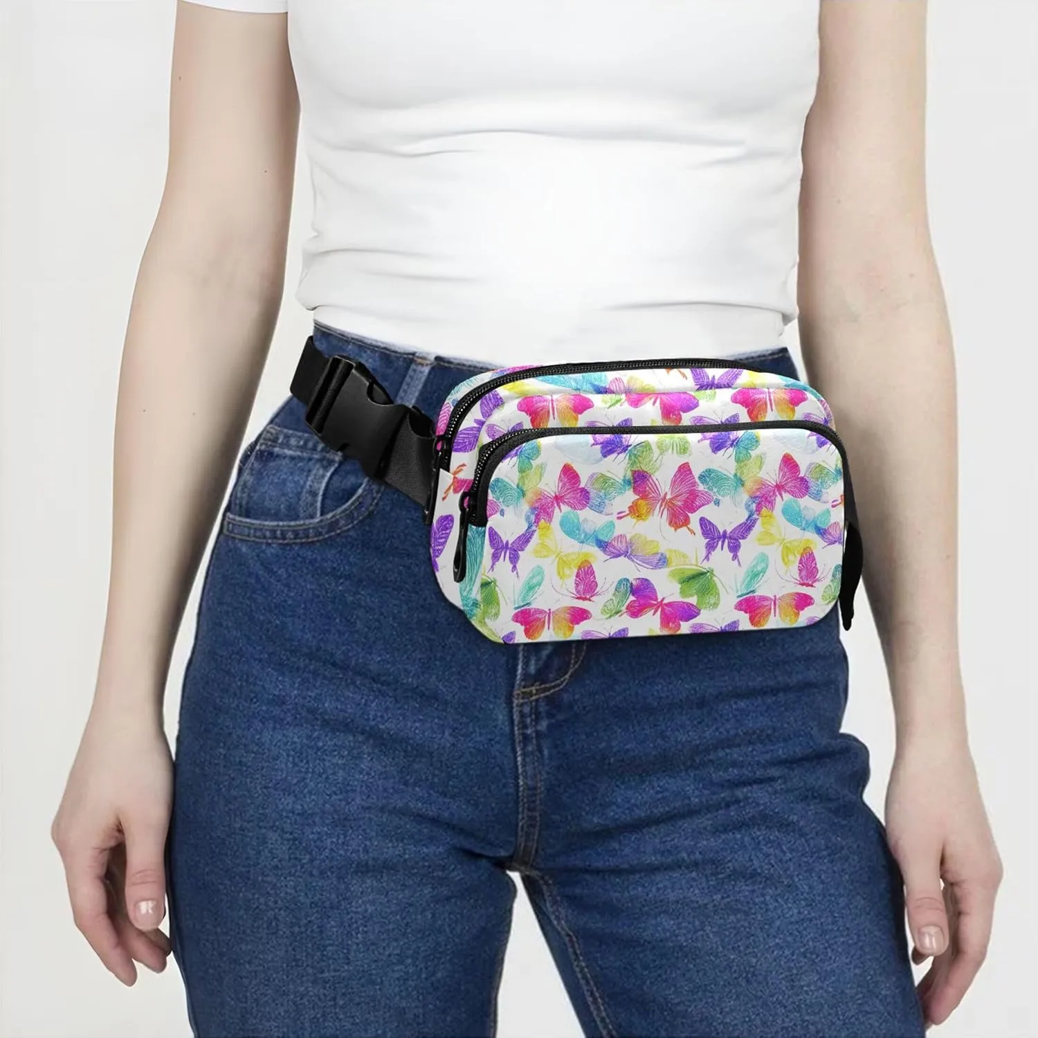 Rainbow Colorful Butterflies Waterproof Fanny Packs Women Hip Pouch Belt Bag Fashion Travel Waist Bag