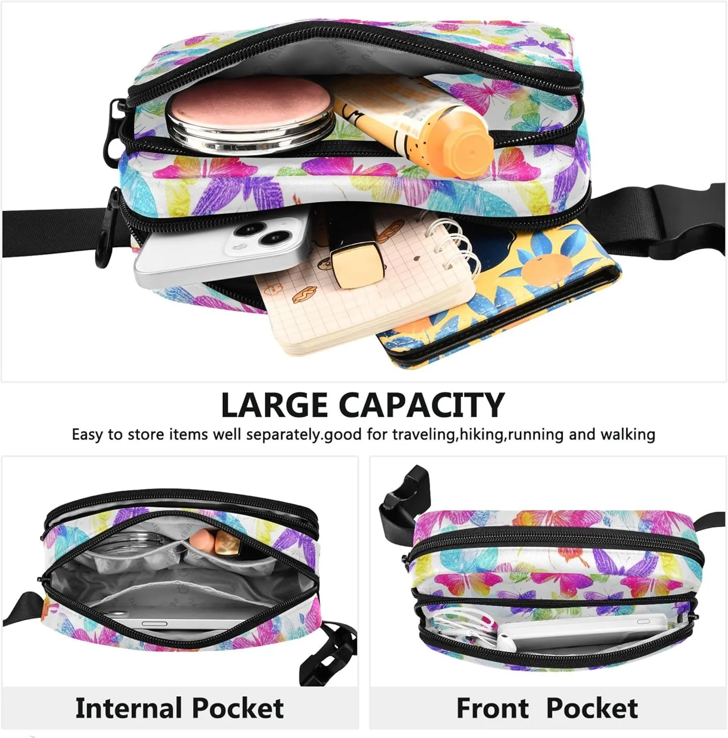 Rainbow Colorful Butterflies Waterproof Fanny Packs Women Hip Pouch Belt Bag Fashion Travel Waist Bag
