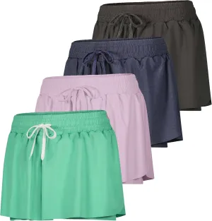 Real Essentials 4 Pack: Womens Flowy Dry Fit Running Short - Gym Yoga Workout Summer Shorts (Available in Plus Size)