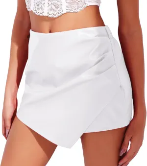RIOJOY Women's Faux Leather Shorts High Waist Short Skirt Asymmetrical Ruched Wrap Skorts Skirts