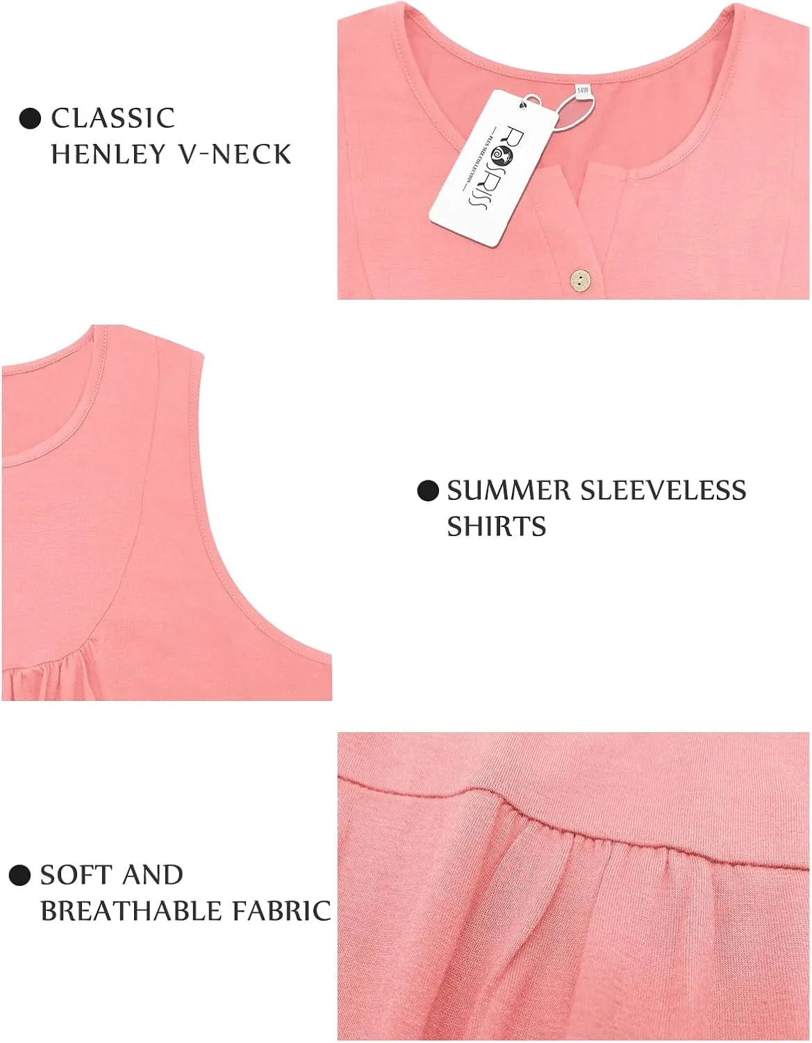 ROSRISS Plus-Size Henley Sleeveless Shirts for Women Summer Casual Tops Buttons Tees 14W-28W