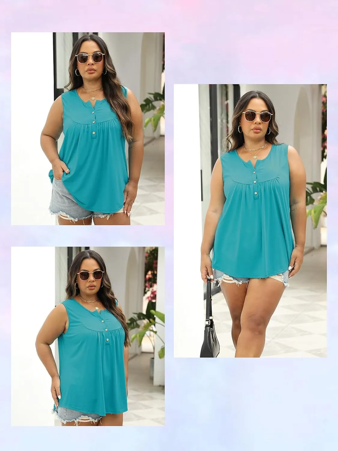 ROSRISS Plus-Size Henley Sleeveless Shirts for Women Summer Casual Tops Buttons Tees 14W-28W