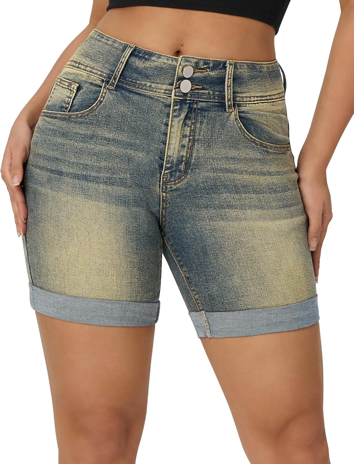 roswear Women's Mid Rise Skinny Butt Lifting Stretchy Bermuda Jeans Shorts