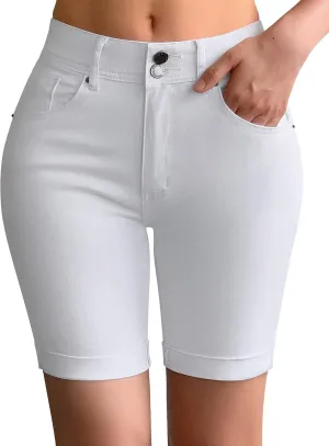 roswear Women's Mid Rise Skinny Butt Lifting Stretchy Bermuda Jeans Shorts