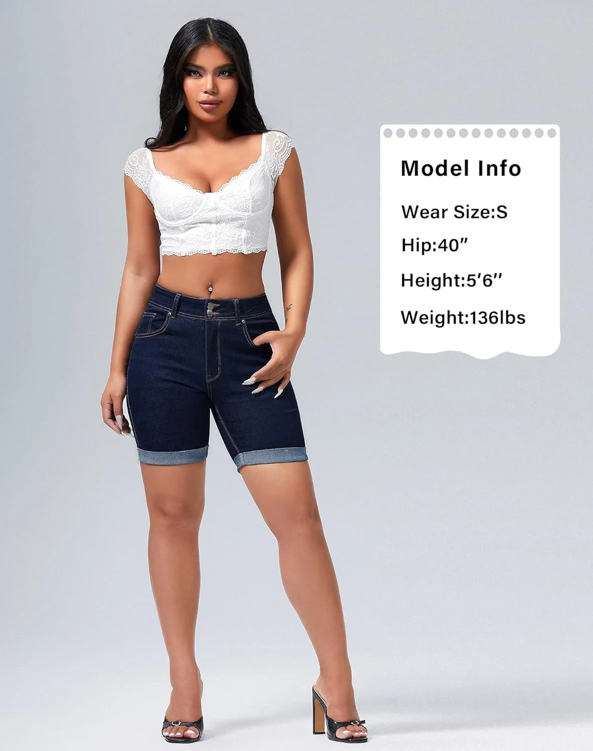 roswear Women's Mid Rise Skinny Butt Lifting Stretchy Bermuda Jeans Shorts