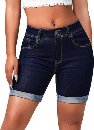 roswear Women's Mid Rise Skinny Butt Lifting Stretchy Bermuda Jeans Shorts