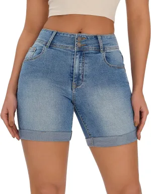 roswear Women's Mid Rise Skinny Butt Lifting Stretchy Bermuda Jeans Shorts
