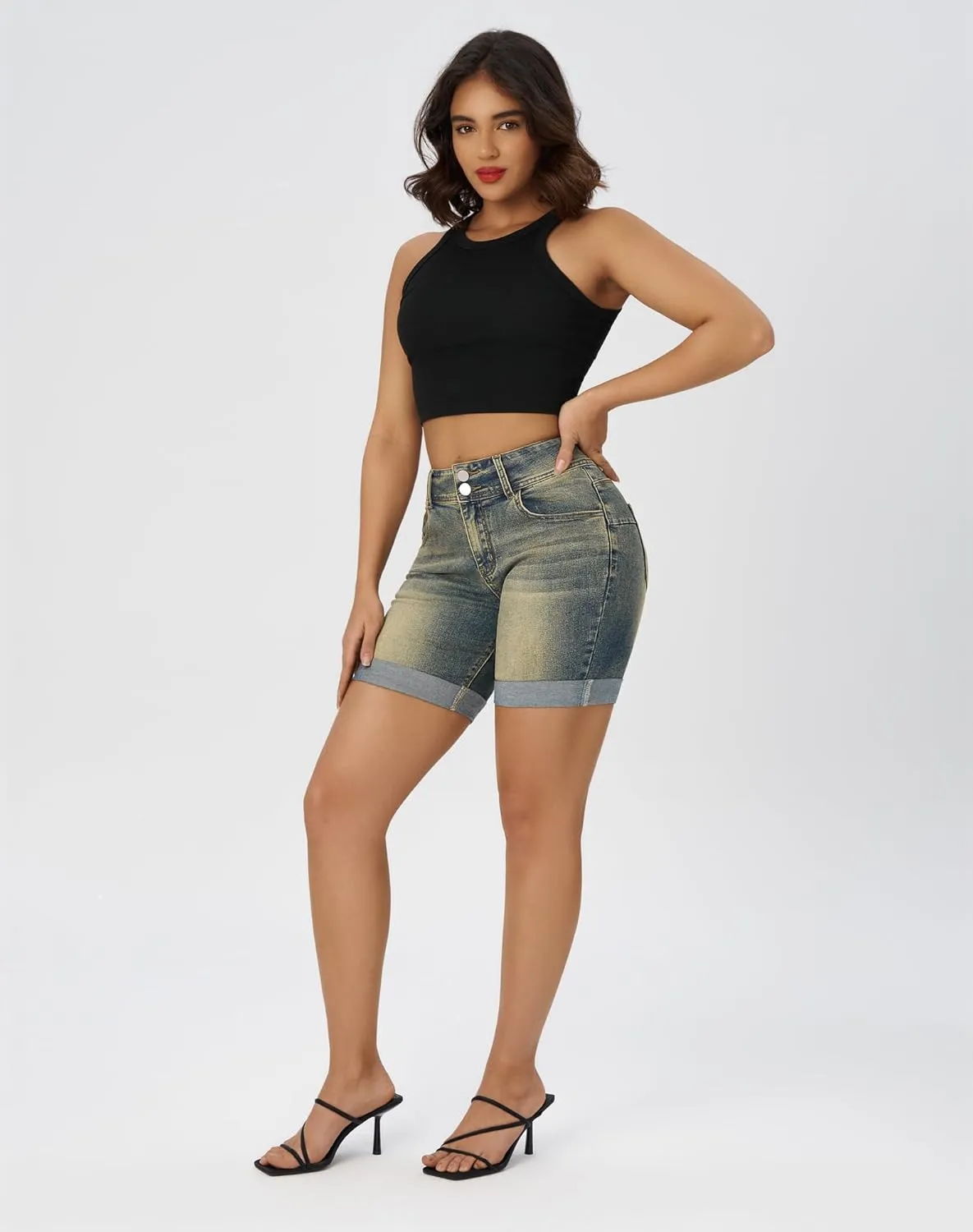 roswear Women's Mid Rise Skinny Butt Lifting Stretchy Bermuda Jeans Shorts