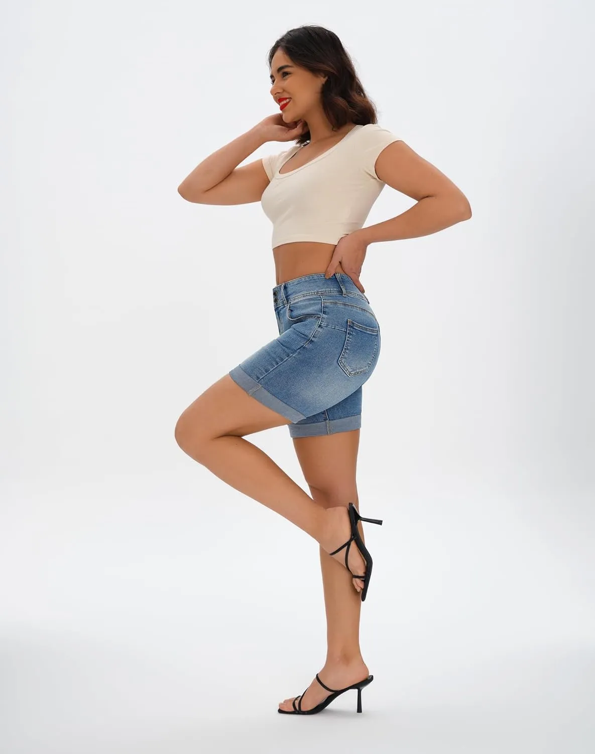 roswear Women's Mid Rise Skinny Butt Lifting Stretchy Bermuda Jeans Shorts
