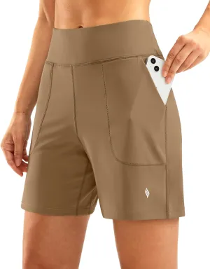 SANTINY Women's 6'' Athletic Long Shorts with 4 Pockets High Waisted Bermuda Shorts for Women Walking Running Casual