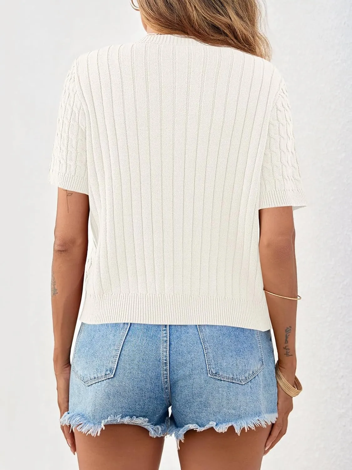 Saodimallsu Womens Summer Short Sleeve Cardigans Cable Knit Cropped Button Down Crewneck Lightweight Sweater Tops