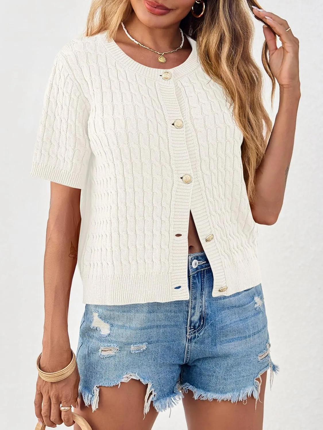 Saodimallsu Womens Summer Short Sleeve Cardigans Cable Knit Cropped Button Down Crewneck Lightweight Sweater Tops
