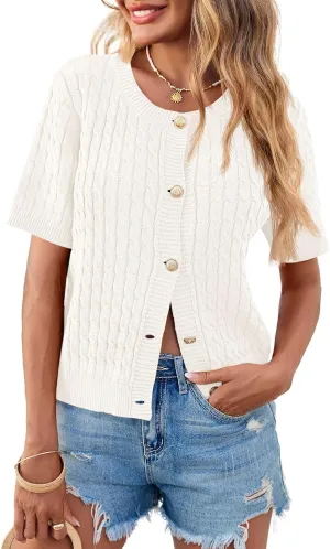 Saodimallsu Womens Summer Short Sleeve Cardigans Cable Knit Cropped Button Down Crewneck Lightweight Sweater Tops