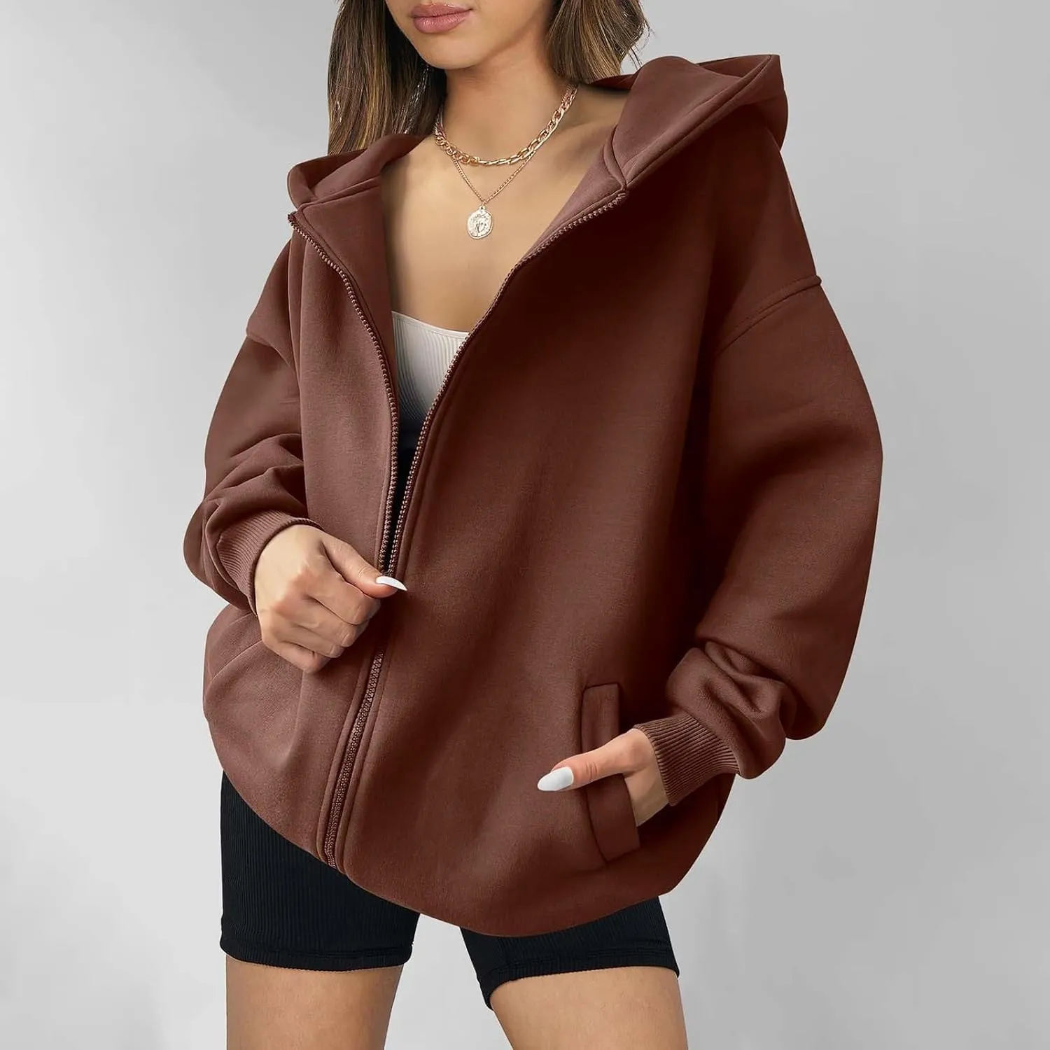 Shacket Womens Tops Long Sleeve Zip Up Hoodies Solid Loose Basic Tees Daily Casual Teen Girls' Fashion Sweatshirts