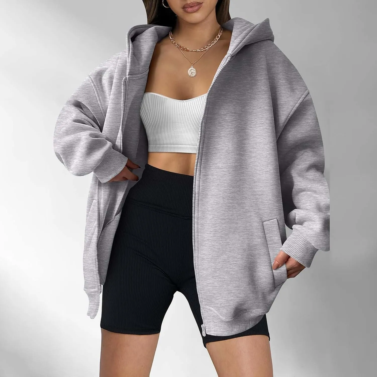 Shacket Womens Tops Long Sleeve Zip Up Hoodies Solid Loose Basic Tees Daily Casual Teen Girls' Fashion Sweatshirts