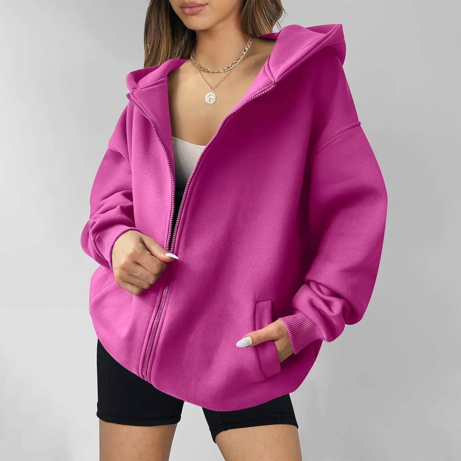 Shacket Womens Tops Long Sleeve Zip Up Hoodies Solid Loose Basic Tees Daily Casual Teen Girls' Fashion Sweatshirts