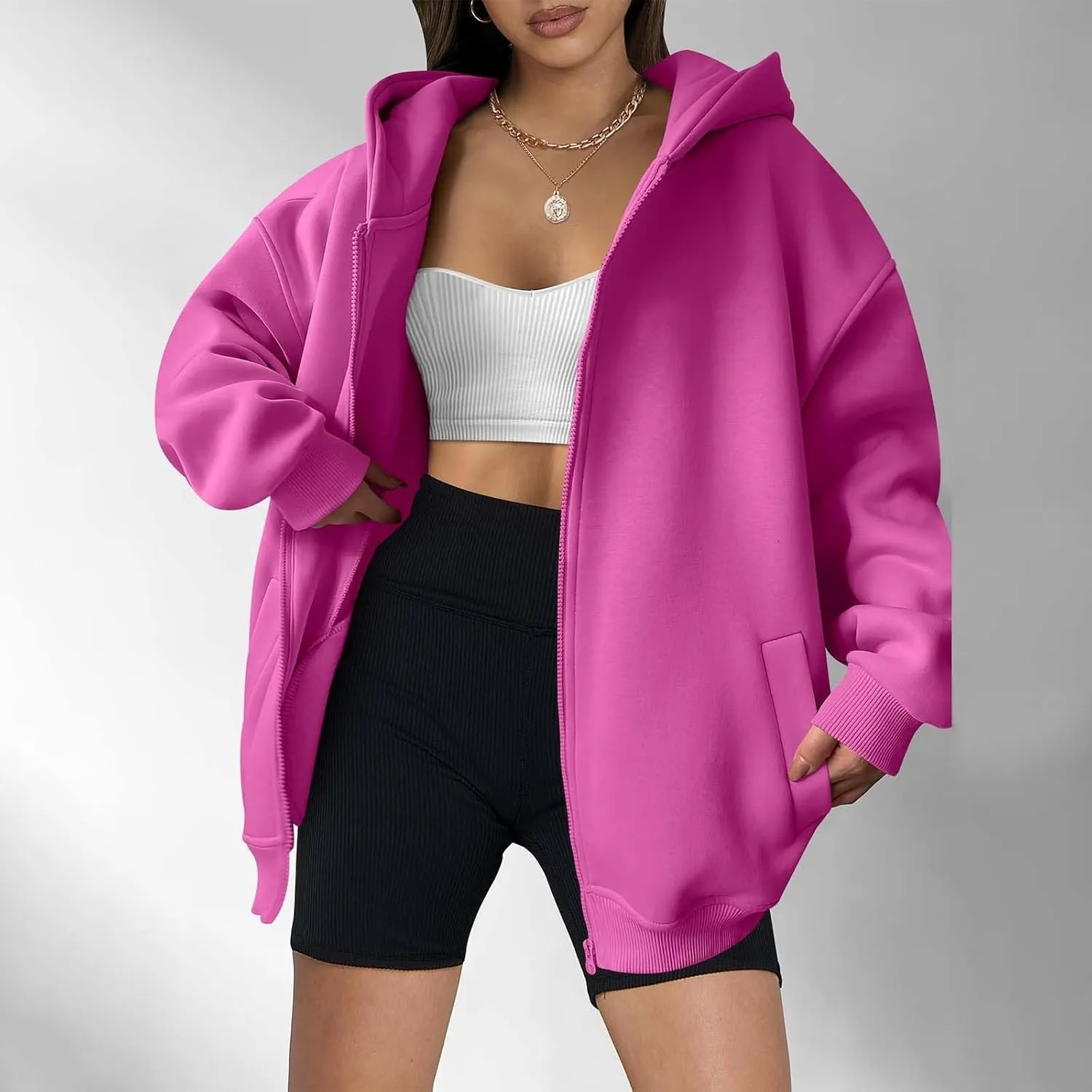 Shacket Womens Tops Long Sleeve Zip Up Hoodies Solid Loose Basic Tees Daily Casual Teen Girls' Fashion Sweatshirts