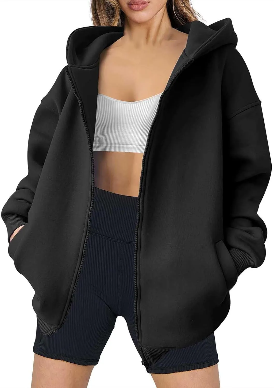 Shacket Womens Tops Long Sleeve Zip Up Hoodies Solid Loose Basic Tees Daily Casual Teen Girls' Fashion Sweatshirts