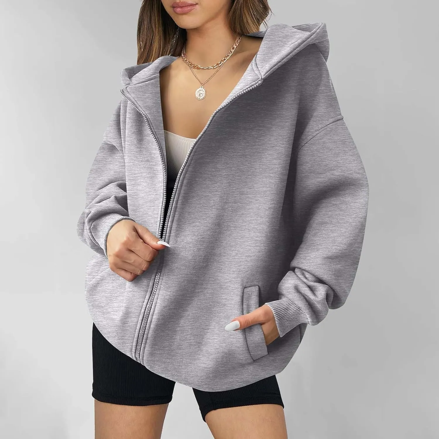 Shacket Womens Tops Long Sleeve Zip Up Hoodies Solid Loose Basic Tees Daily Casual Teen Girls' Fashion Sweatshirts
