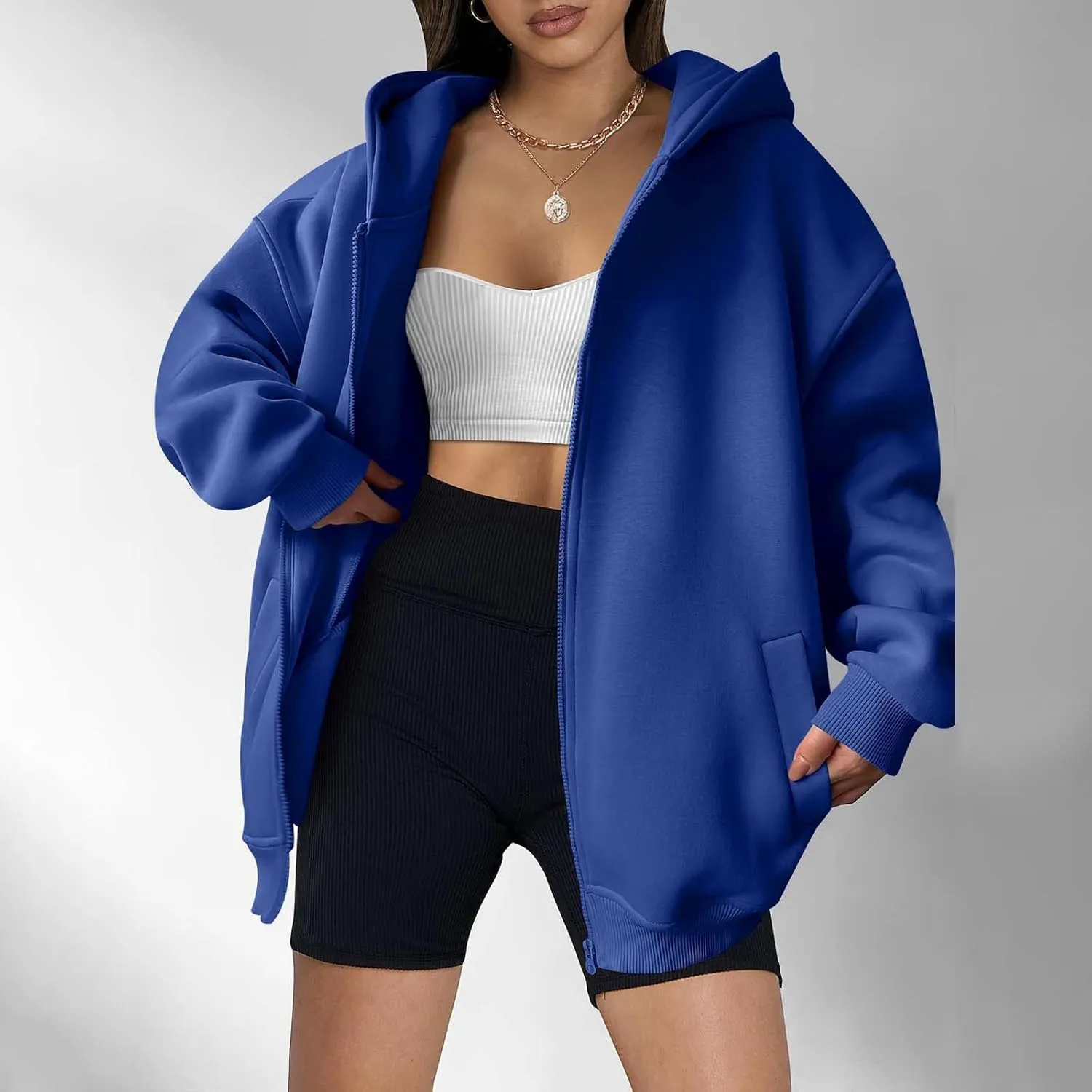 Shacket Womens Tops Long Sleeve Zip Up Hoodies Solid Loose Basic Tees Daily Casual Teen Girls' Fashion Sweatshirts