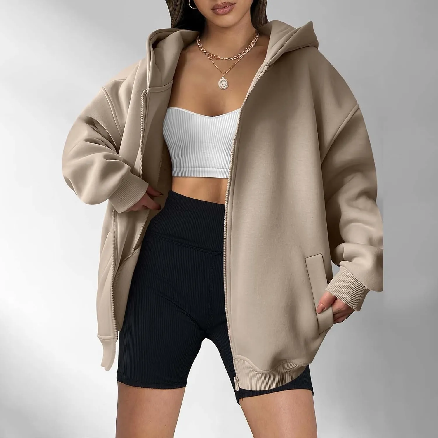 Shacket Womens Tops Long Sleeve Zip Up Hoodies Solid Loose Basic Tees Daily Casual Teen Girls' Fashion Sweatshirts