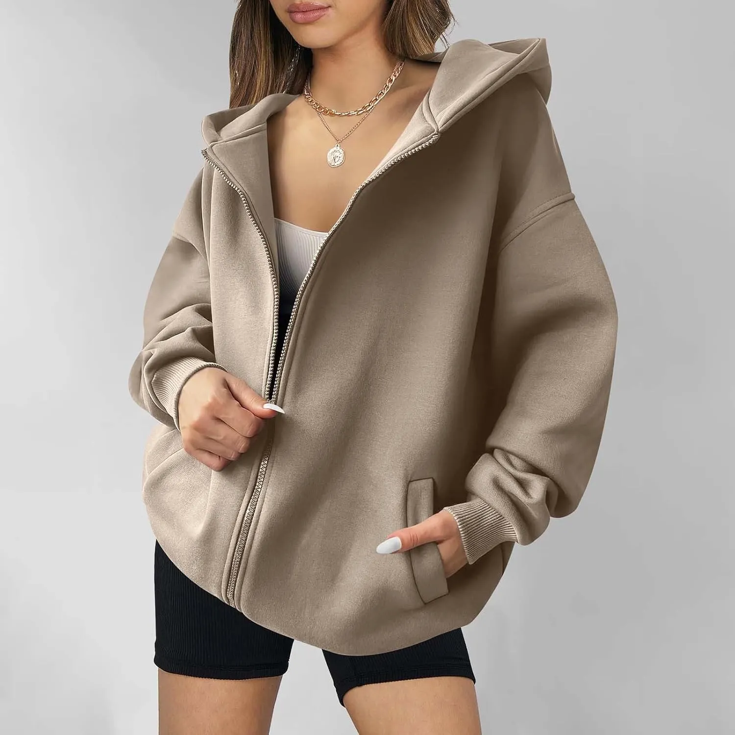Shacket Womens Tops Long Sleeve Zip Up Hoodies Solid Loose Basic Tees Daily Casual Teen Girls' Fashion Sweatshirts