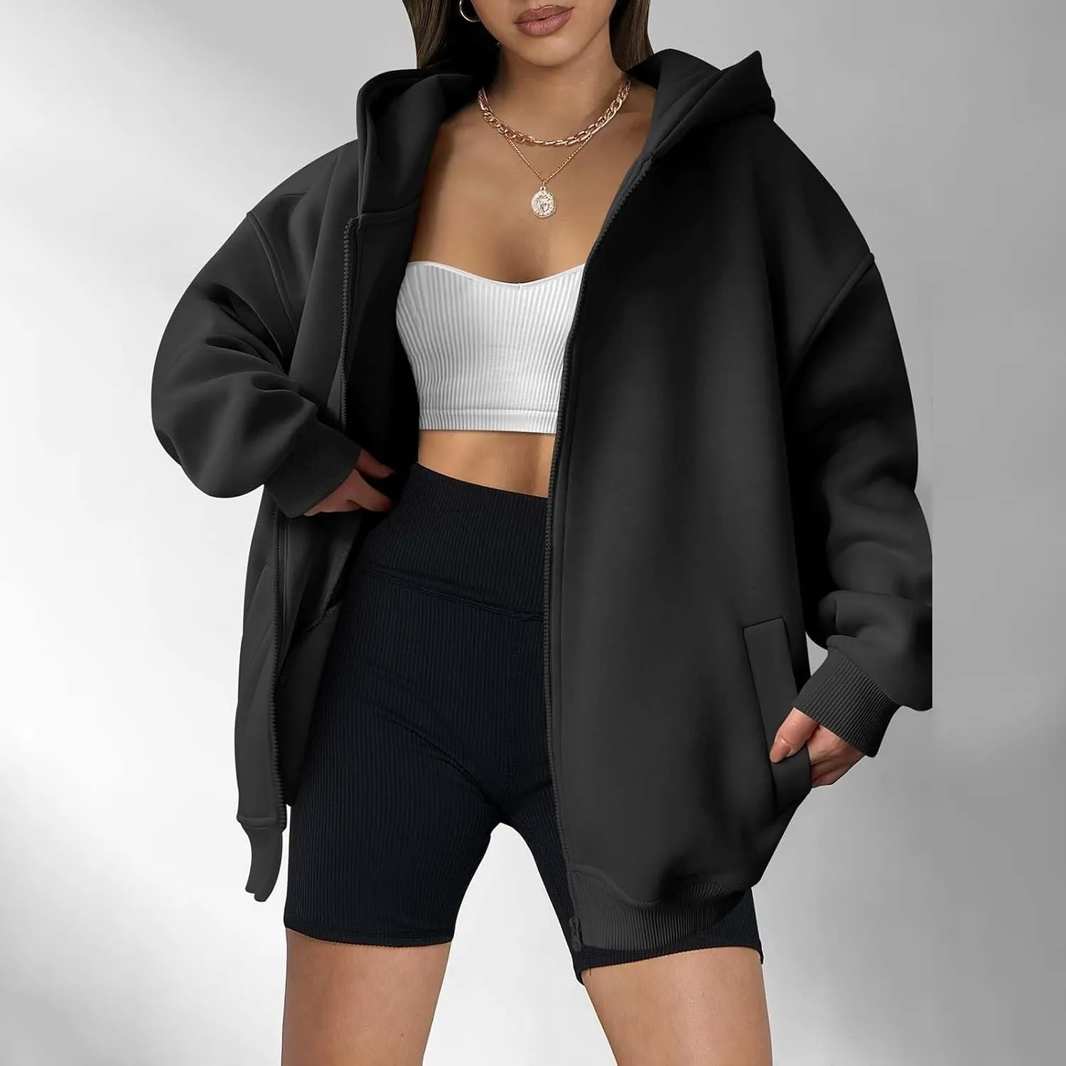 Shacket Womens Tops Long Sleeve Zip Up Hoodies Solid Loose Basic Tees Daily Casual Teen Girls' Fashion Sweatshirts
